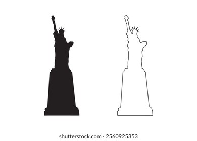 Set of statue of liberty in silhouette and outline style