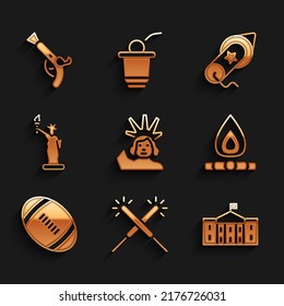 Estatua de la Libertad, fuegos artificiales, Congreso del Capitolio de los Estados Unidos, Fogata, Fútbol Americano, Fuego de Fuego e Icono de pistolas de Vintage. Vector