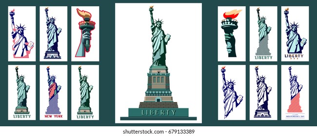 
Set. Statue of Liberty USA. Green, blue elements for infographics on a white background. New York. Download the banner. Street Business Poster. picture. Sculpture. National Symbol of America.Logo
