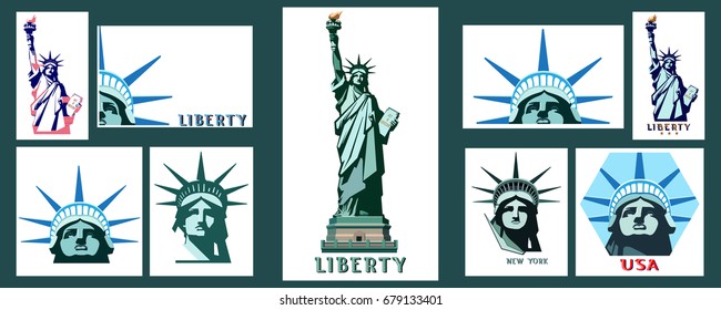 
Set. Statue of Liberty USA. Green, blue elements for infographics on a white background. New York. Download the banner. Street Business Poster. picture. Sculpture. National Symbol of America.Logo
