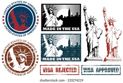 Set of statue of Liberty in USA labels, rubber stamp