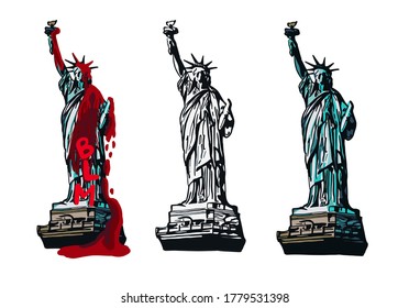 Sammlung von Statuen der freien Vektorgrafik, Schwarz-Weiß-Kunstdesign, Farbflaeche Design und vandalisierte Statue mit dem Akronym BLM, Verweis auf Anti-Rassismus-Proteste in den USA.