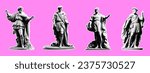 Set of statues of men in retro collage style of the Renaissance. Vector illustration with halftone effect. Set of stickers in vintage style.