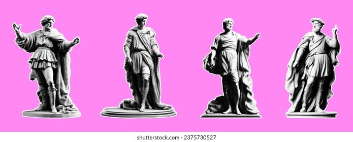 Set of statues of men in retro collage style of the Renaissance. Vector illustration with halftone effect. Set of stickers in vintage style.