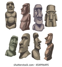 Set of statues on Easter Island isolated on a white background. Vector illustration.