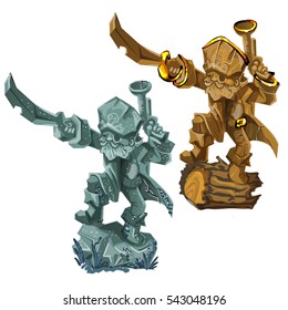 A set of statues of a pirate made of stone and wood isolated on a white background. Vector illustration close-up.