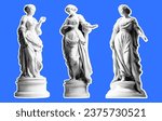 Set of statues of women in retro collage style of the Renaissance. Vector illustration with halftone effect. Set of stickers in vintage style.