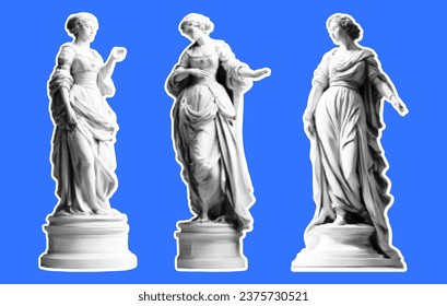 Set of statues of women in retro collage style of the Renaissance. Vector illustration with halftone effect. Set of stickers in vintage style.