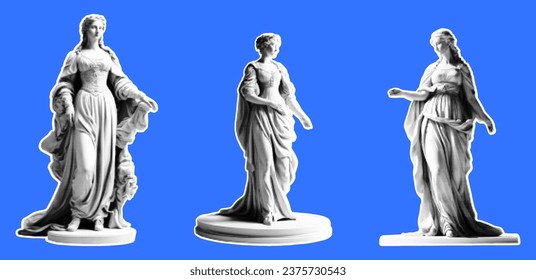 Set of statues of women in retro collage style of the Renaissance. Vector illustration with halftone effect. Set of stickers in vintage style.