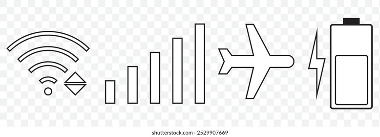 Set of status bar icon. Mobile phone system icons. Signal, wifi, and battery charge level. Illustration vector on transparent background. EPS 10.