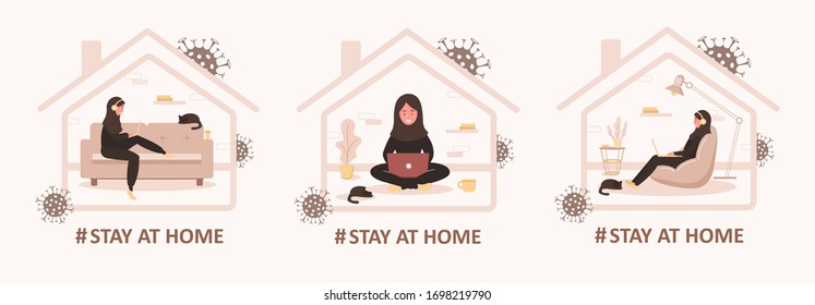 Set of stay home background. Quarantine or self-isolation. Arab girl with laptop sitting home. Health care concept. Fears of getting coronavirus. Global viral pandemic. Trendy flat illustration.