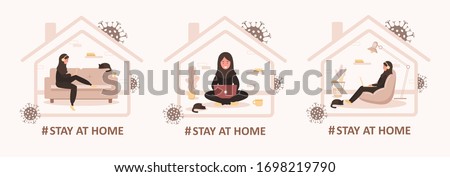 Set of stay home background. Quarantine or self-isolation. Arab girl with laptop sitting home. Health care concept. Fears of getting coronavirus. Global viral pandemic. Trendy flat illustration.