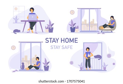 Set of Stay home banner template. Woman with cup, houseplant, balcony, city. Quarantine or self-isolation. Health care concept.  Global viral epidemic or pandemic. Flat vector illustration