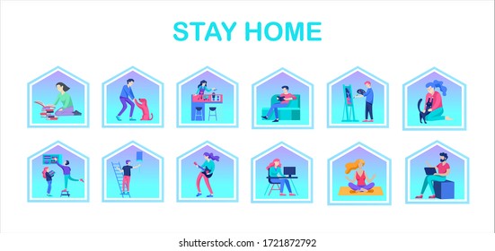 Set of Stay at home concept of coronavirus prevention, awareness social media campaign. People and family on quarantine staying together at home. Protection and revention of 2019-nCoV