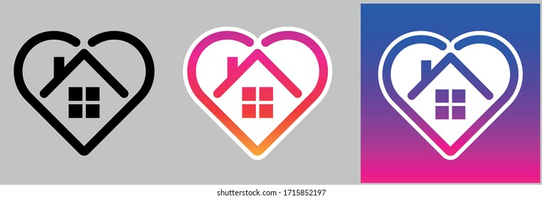 Set Of Stay Home Icons With Heart And House Inside. House Frame With Windows Inside Shape Of Heart Icon. Black Icon On Light Grey Back Ground. Orange And Purple Gradient Color Icon On Light Grey Backg