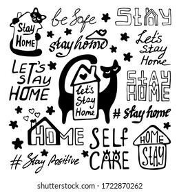 set stay home made of words.
set stay at home. stay home lettering. stay home on doodle slyle. black and white