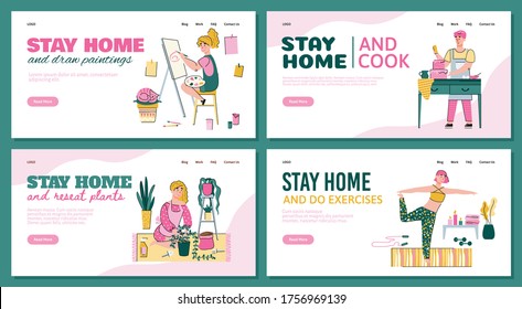 Set of stay home posters with people engaged with hobby and home activity, cartoon vector illustration isolated on white background. People in quarantine at home.