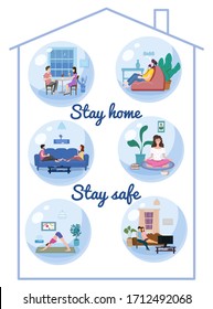 Set Stay home quarantine consept banners self isolation. Young couples and womens and men sitting at home drink tea coffee, practicing yoga, meditation, listen misic. Social media campaign and