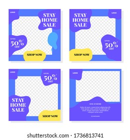 Set of stay home sale square banner template. Blue purple and yellow background color with organic shape. Suitable for social media post and web internet ads. Vector illustration with photo college