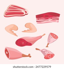 Set of Steak chicken, Chickens leg pies meat products. Chicken, sausage and product ingredient illustration