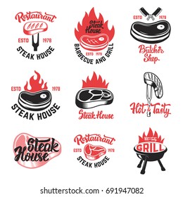 Set of steak house, butchery shop emblems with lettering. Design elements for logo, label, emblem, sign. Vector illustration