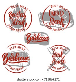 Set of steak house emblem templates. Barbecue, roasted steak. Design elements for logo, label, emblem, sign. Vector illustration