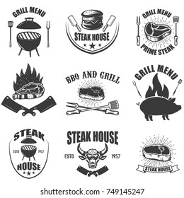 Set of steak house emblems. BBQ and grill. Design elements for logo,label, emblem, sign. Vector illustration