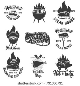 Set of steak house emblems. Grilled meat. Design element for logo, label, emblem, sign, badge. Vector illustration