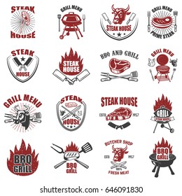 Set of steak house labels. BBQ, butcher tools, bull heads. Design elements for logo, badge, emblem, sign, restaurant menu, flyer. Vector illustration