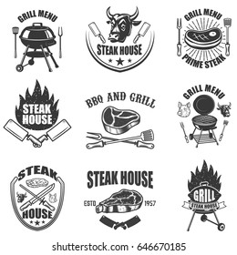 Set of steak house labels. BBQ and grill. Design elements for logo, label, emblem, sign, badge. Vector illustration