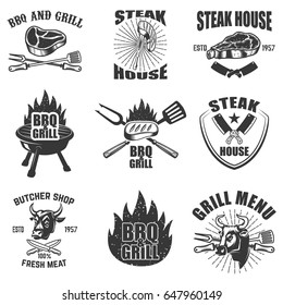 Set of steak house labels. BBQ, butcher tools, bull heads. Design elements for logo, badge, emblem, sign, restaurant menu, flyer. Vector illustration