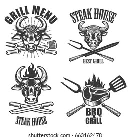 Set of Steak house labels and design elements on white background. Crossed knives, fork, kitchen spatula, grilled meat, bull head. Vector illustration