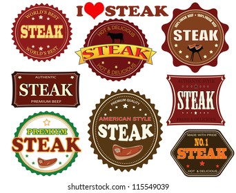 Set of steak labels and elements on white, vector illustration