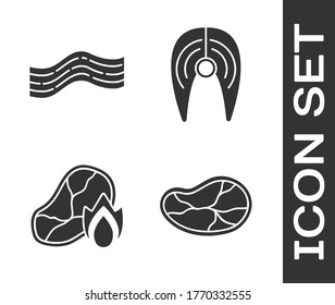 Set Steak meat, Bacon stripe, Grilled steak meat and fire flame and Fish steak icon. Vector