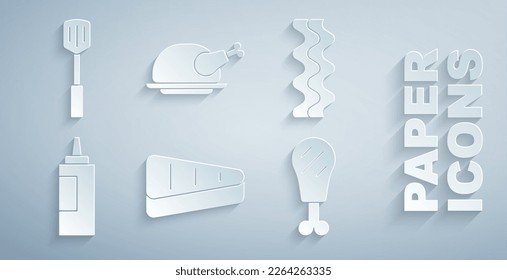Set Steak meat, Bacon stripe, Sauce bottle, Chicken leg, Roasted turkey or chicken and Barbecue spatula icon. Vector