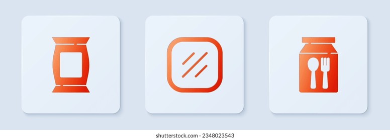 Set Steak meat, Bag or packet potato chips and Online ordering and delivery. White square button. Vector