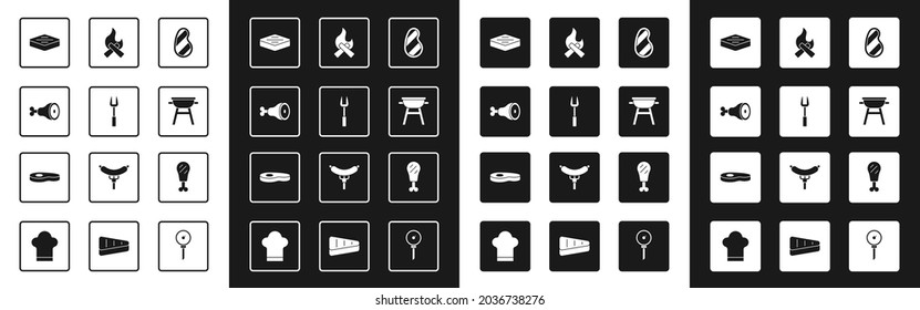 Set Steak meat, Barbecue fork, Chicken leg, grill, Campfire,  and  icon. Vector