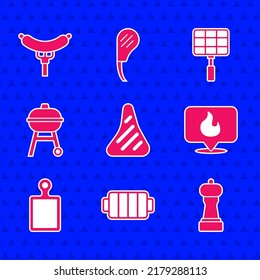 Set Steak meat, Barbecue grill, Pepper, Location with fire flame, Cutting board, steel grid and Sausage the fork icon. Vector