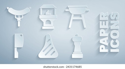 Set Carne de bistec, parrilla de barbacoa, picadora de carne, pimienta, estufa de ladrillo y salchicha en el icono del tenedor. Vector