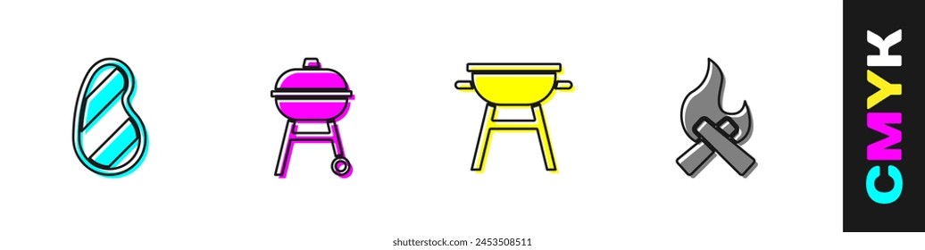 Set Steak meat, Barbecue grill,  and Campfire icon. Vector