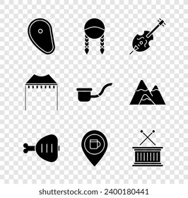 Set Steak meat, Braid, Violin, Chicken leg, Alcohol or beer bar location, Musical drum and sticks, Camping tent and Smoking pipe icon. Vector