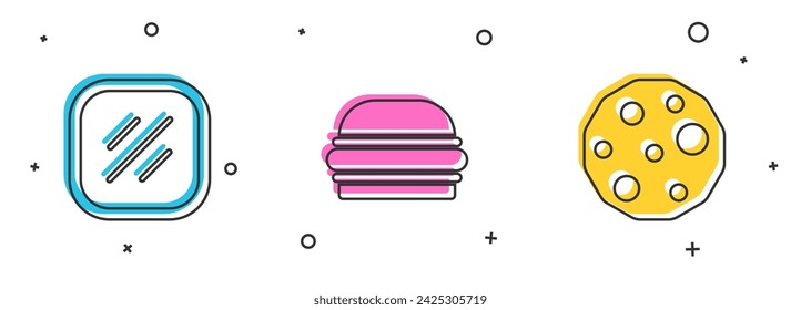 Set Steak meat, Burger and Cookie or biscuit icon. Vector