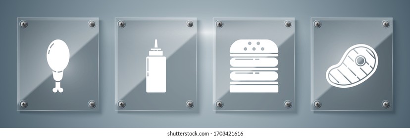 Set Steak meat, Burger, Sauce bottle and Chicken leg. Square glass panels. Vector