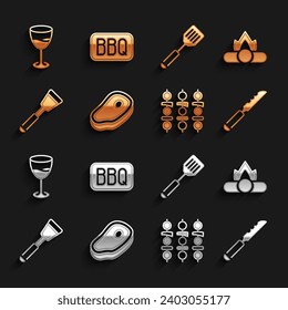 Set Steak meat, Campfire, Bread knife, Grilled shish kebab, Spatula, Wine glass and Barbecue icon. Vector