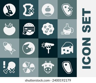 Set Steak meat, Cheese, Bottle of olive oil, Apple, Vegan food diet, Tomato, Rabbit and Cookie or biscuit icon. Vector