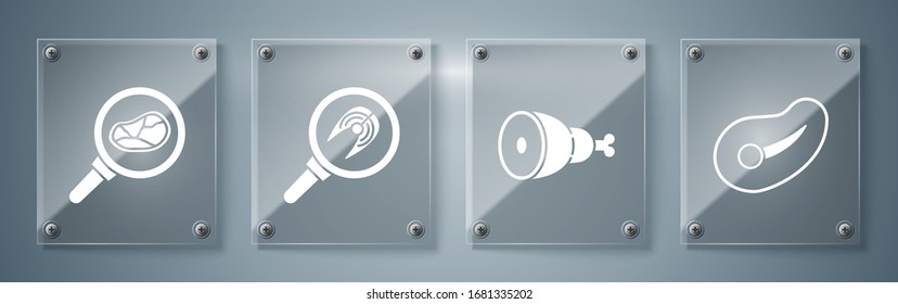 Fijar carne de filete, pierna de pollo, filete de pescado en sartén y carne de filete en sartén. Paneles de vidrio cuadrado. Vector