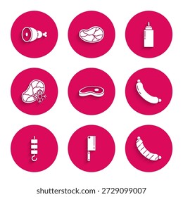 Set Steak meat, Meat chopper, Sausage, Grilled shish kebab on skewer stick, Fresh frozen steak, Sauce bottle and Chicken leg icon. Vector