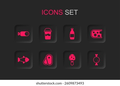 Set Steak meat, Coffee cup to go, Salami sausage, Fly agaric mushroom, Cheese, Chicken leg, Bottle wine and Fish icon. Vector