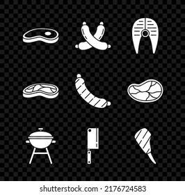 Carne de filete, salchicha cruzada, filete de pescado, parrilla barbacoa, chopper de carne, ojo de costilla e icono de salchicha. Vector