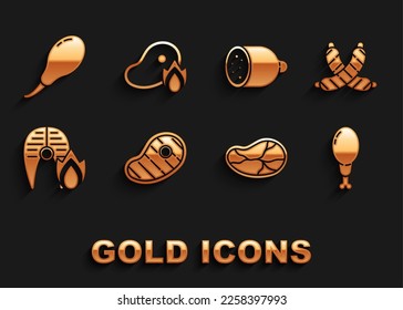 Set Steak meat, Crossed sausage, Chicken leg, Grilled fish steak and fire flame, Salami,  and  icon. Vector